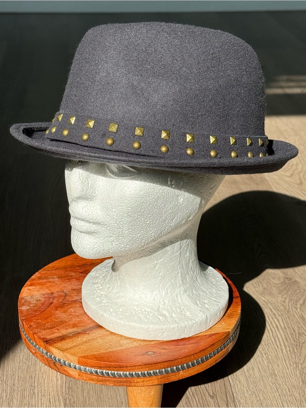 100% Wool Studded Bowler Hat Charcoal Gray Western Punk Fedora Unisex